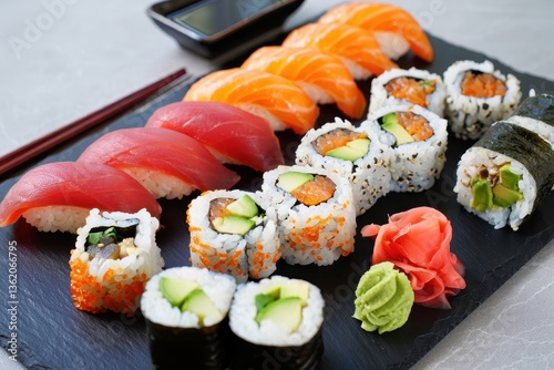 Assorted sushi platter with nigiri, rolls, wasabi, and pickled ginger on slate