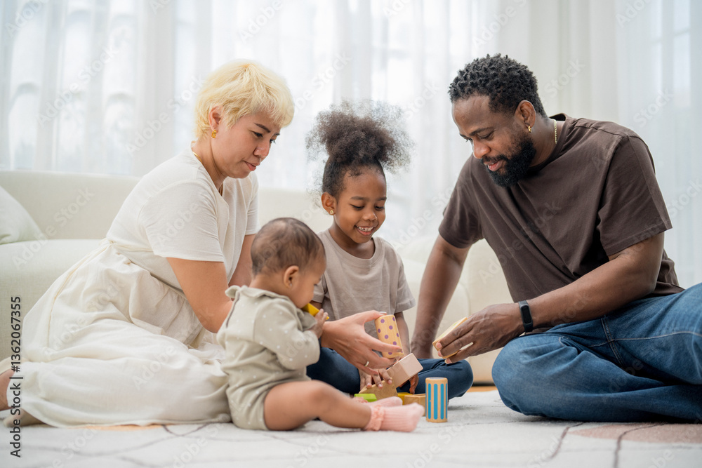 Family enjoys playful day indoors as they interact with colorful building blocks on a cozy rug in a sunlit living room Family enjoys playful day indoors as they interact with colorful building blocks on a cozy rug in a sunlit living room