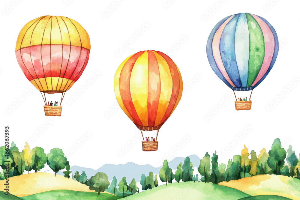 Obraz premium Colorful hot air balloons float above lush green hills, creating a whimsical scene against a dark background.