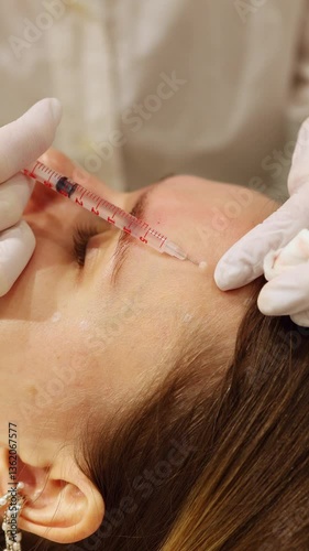 A close-up view of a doctor's gloved hands carefully administering a Botox injection into a young woman’s forehead using a syringe. 