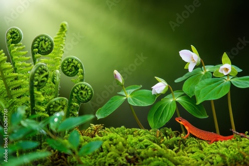 Serene forest scene with ferns, flowers, and a red salamander in natural harmony