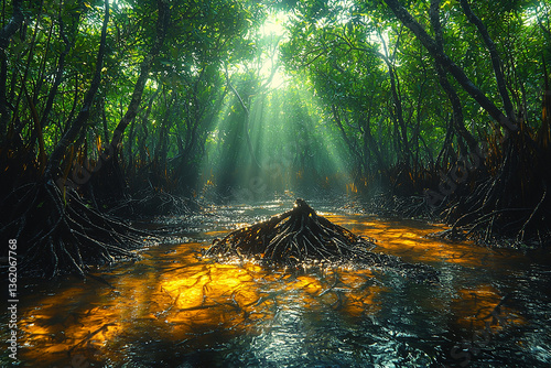 A hyperrealistic scene of tangled mangrove roots emergi