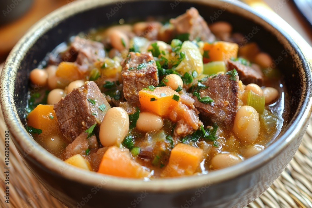 A bowl of olla podrida with a rich meat and bean stew A bowl of olla podrida with a rich meat and bean stew