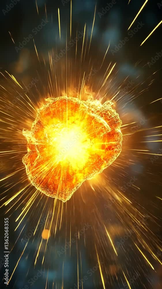 Explosive energy burst radiating vibrant light and sparks in a dark environment