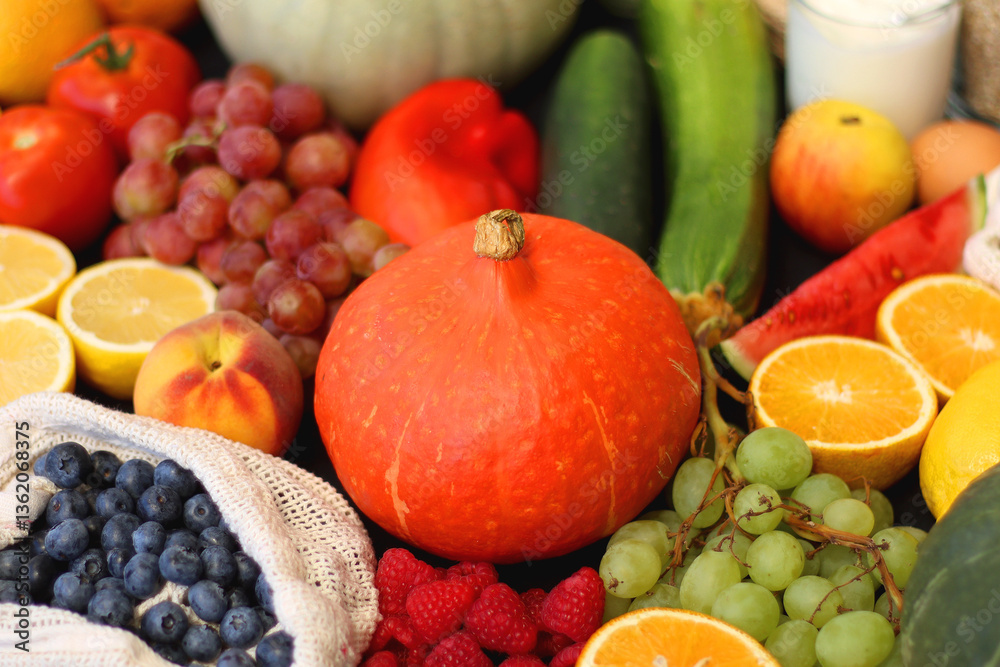 Various healthy fruits, vegetables and cereals on dark background. Selective focus.
