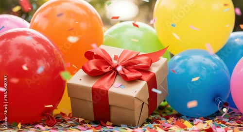 Colorful celebration with gift box and balloons amidst confetti explosion
