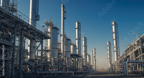 Massive industrial oil refinery with tall metal structures under clear blue sky