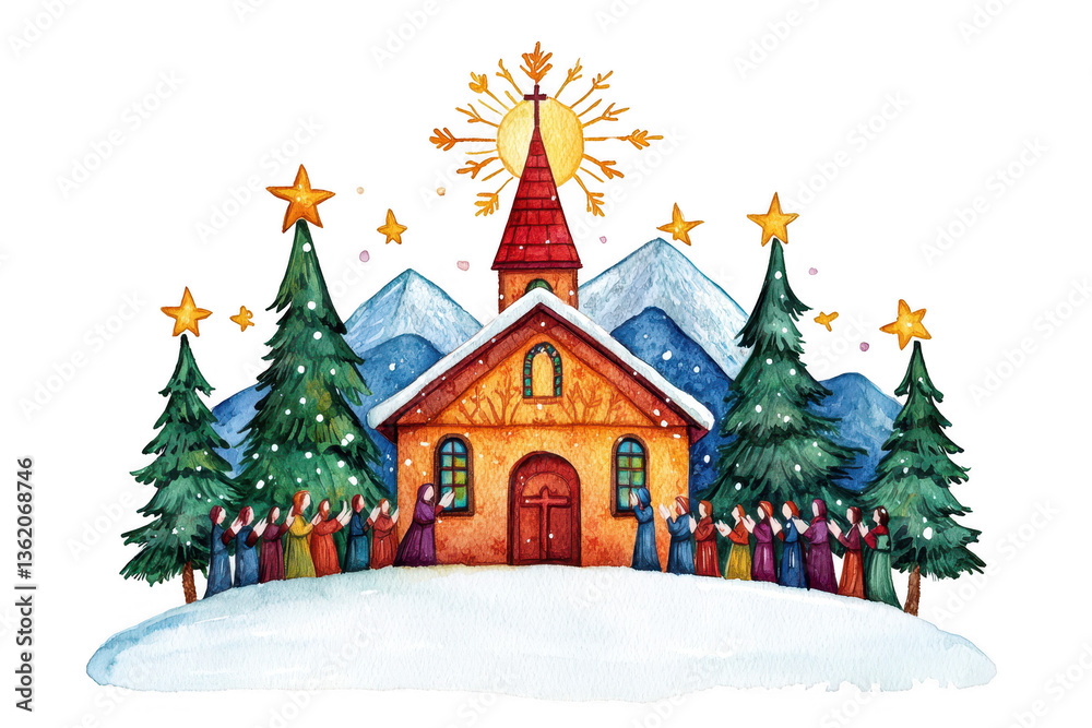 Obraz premium A colorful illustration of a charming house with a steeple, surrounded by trees and mountains, adorned with stars and a glowing sun.