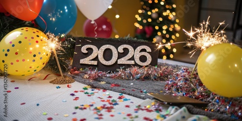 Festive new year celebration with 2026 sparkler and colorful decorations