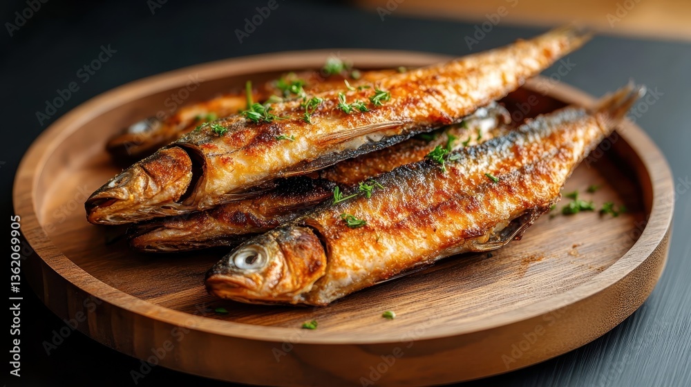 An elegant presentation of grilled fish resting on a wooden plate garnished with herbs, creating a visual feast that emphasizes flavor and culinary craftsmanship. An elegant presentation of grilled fish resting on a wooden plate garnished with herbs, creating a visual feast that emphasizes flavor and culinary craftsmanship.