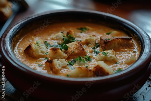A creamy bowl of sopa de ajo with garlic and bread soup