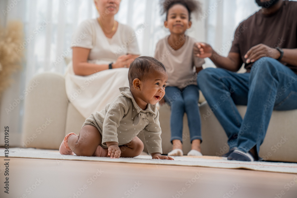 Family enjoys quality time together as baby crawls on soft carpet in cozy living room during afternoon playtime Family enjoys quality time together as baby crawls on soft carpet in cozy living room during afternoon playtime