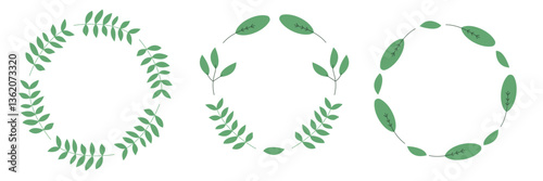 Elegant round frames decorated with green leaves. Floral wreath design set for greeting or wedding card, banner, social media.