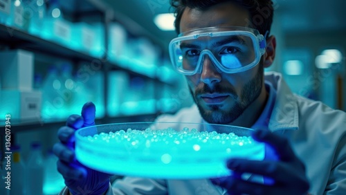 Scientist in lab coat examining glowing petri dish with microorganisms under blue neon light.