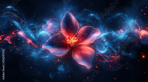 Vibrant cosmic flower illuminated by swirling blue and pink light in a dark background setting
