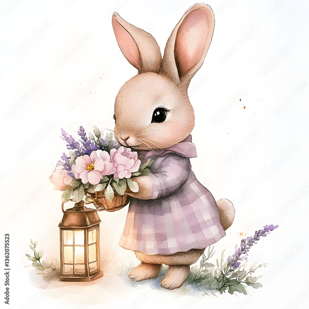 Obraz premium Vintage bunny holding a lantern filled with pastel flowers