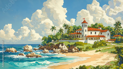 Coastal villa with palm trees and waves under vibrant clouds during sunny day