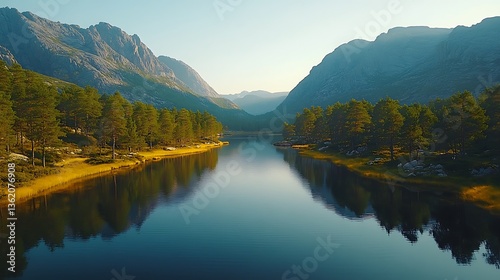 Breathtaking Forest Valley Serene Lake Majestic Mountains Golden Sunset Glow Photo