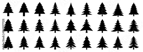 A collection of various black silhouette Christmas tree shapes on a white background.