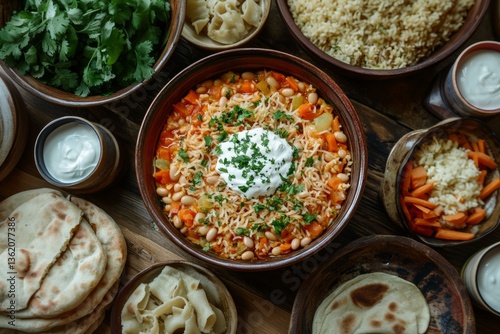 Bowl of ash reshteh, thick noodle and bean soup, filled with rich beans, noodles, herbs. Concept of warmth, community, ash reshteh served, inviting atmosphere captured. photo