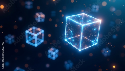 Glowing 3D cubes, blockchain concept, floating geometric shapes, futuristic technology