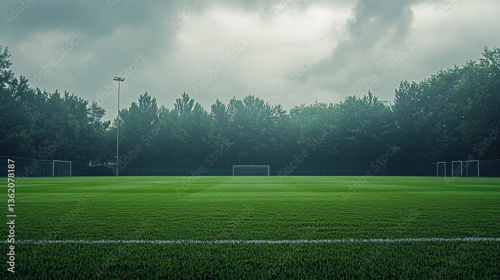 A soccer field under a cloudy sky with trees in the background and goal posts on the field edge A soccer field under a cloudy sky with trees in the background and goal posts on the field edge