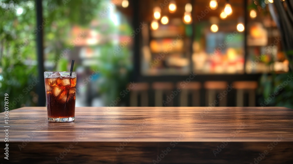 Glass of iced cola resting on wooden table in blurred cafe setting Glass of iced cola resting on wooden table in blurred cafe setting