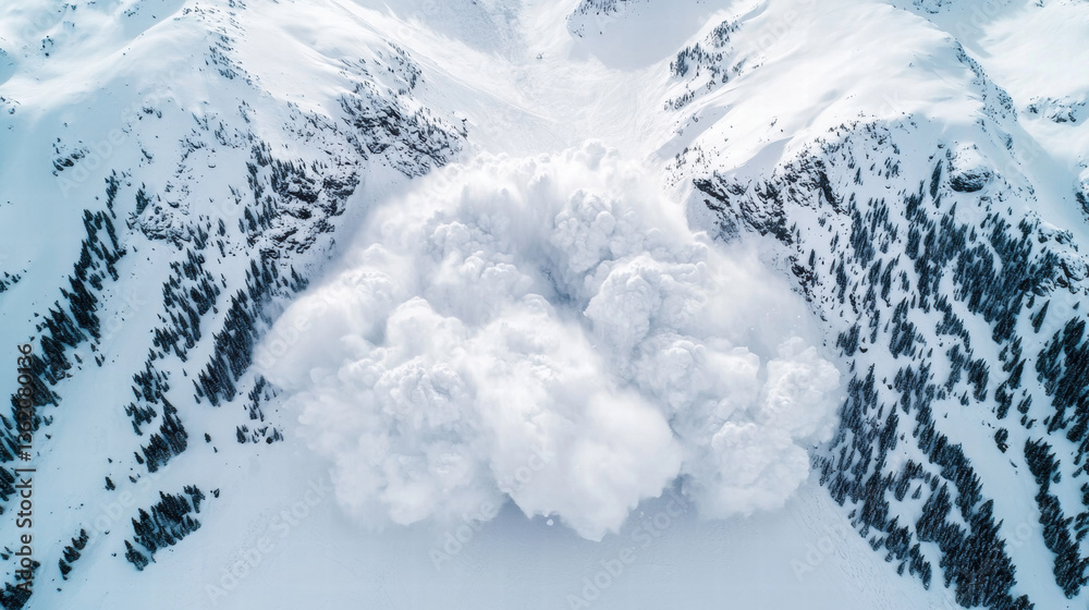 Fototapeta premium Aerial view of snow avalanche cascading down mountain slope, creating dramatic cloud of snow and ice. scene captures power