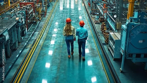 Wallpaper Mural Two workers in hard hats walking through a modern industrial facility, with machinery and production lines in the background Torontodigital.ca
