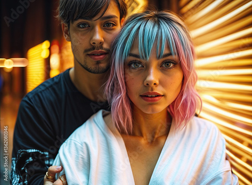 Obraz na płótnie Urban portrait featuring a couple with striking hair colors, highlighting the city's vibrant energy. w salonie