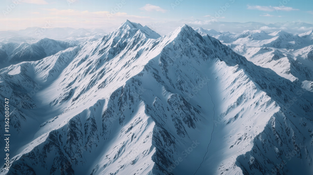 Fototapeta premium Majestic snow covered mountains rise against clear blue sky, showcasing beauty of nature winter landscape