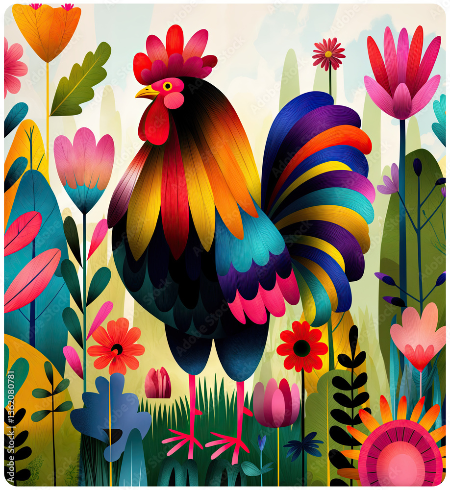 a vibrant and colorful illustration of a rooster standing in a lush, floral garden. The rooster has a richly colored plumage with shades of red, blue, yellow, and green