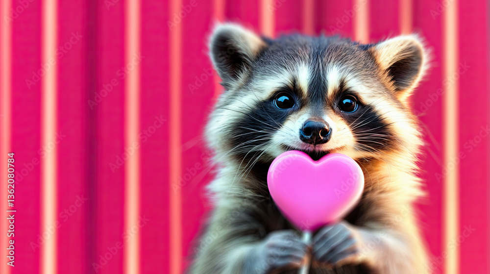 Close-up of a raccoon, seemingly enjoying a pink heart-shaped treat.
