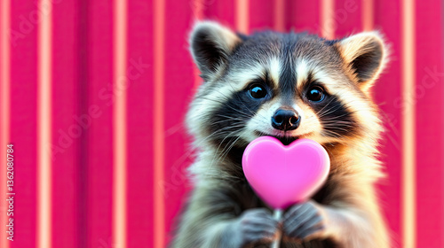 Obraz na płótnie Close-up of a raccoon, seemingly enjoying a pink heart-shaped treat. w salonie