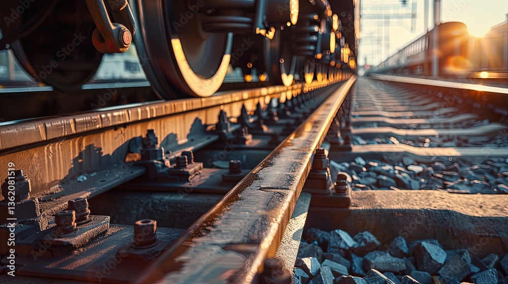Close-up of train wheels on tracks at sunset Close-up of train wheels on tracks at sunset