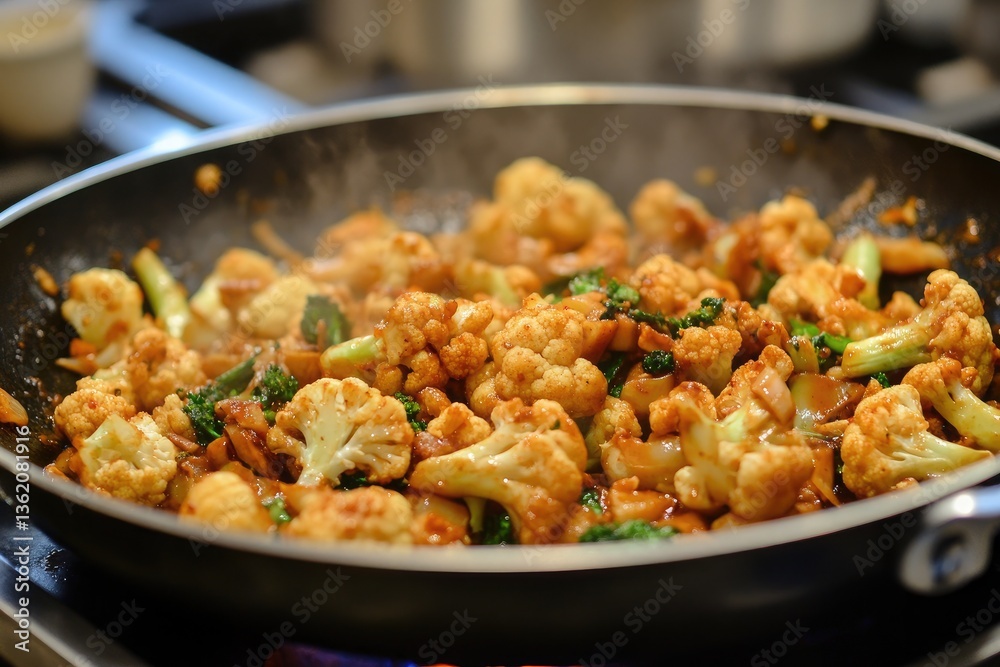 A sizzling wok of spicy stir fried cauliflower with pork A sizzling wok of spicy stir fried cauliflower with pork