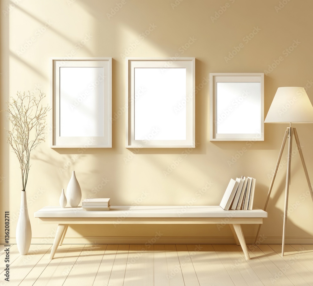 Minimalist interior design with empty frames, bench, lamp, and vase. Minimalist interior design with empty frames, bench, lamp, and vase.