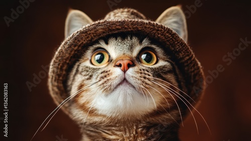 This image showcases an adorable tabby cat sporting a cute hat, combining whimsy and charm, making it perfect for pet lovers seeking playful and delightful visuals.
