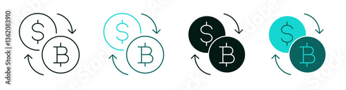 Dollar to bitcoin conversion icon set. Cryptocurrency, money conversion or currency exchange  concept. Line and solid logo for web or app. Bitcoin and USD coin with arrows. Editable vector stroke.