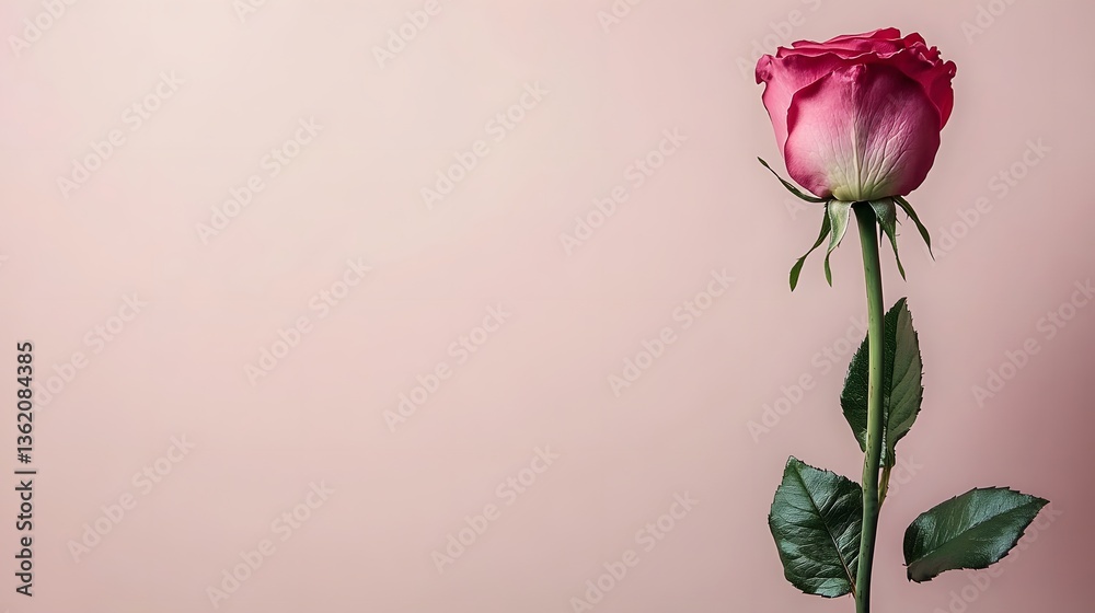 Fototapeta premium Single Pink Rose on Pink Background Elegant Minimalist Floral Image