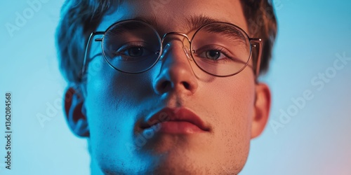 Cinematic close-up of a young businessman in stylish rimless glasses, neutral gradient background