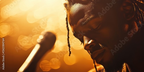 Cinematic close-up of an African musician in a grand concert hall, warm golden stage lights