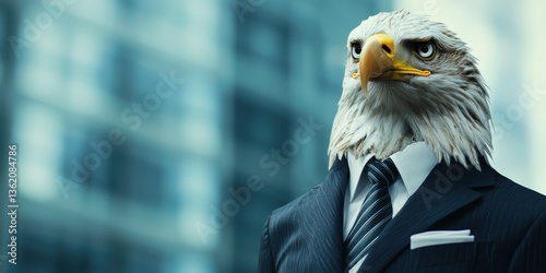 Cinematic close-up of an eagle in a power suit, piercing gaze, blurred sky-high corporate background