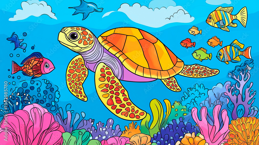 Naklejka premium Bright color picture of underwater world with turtle and fish for kids