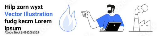 Man pointing while working on laptop, blue flame icon, and factory emitting smoke. Ideal for technology, energy, environment, innovation, industry, analysis education flat landing page banner