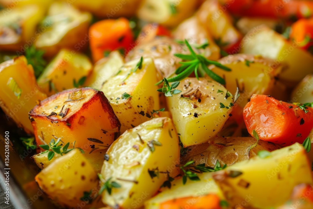 Rustic roasted vegetables garnished with fresh herbs. Artificial intelligence image Rustic roasted vegetables garnished with fresh herbs. Artificial intelligence image