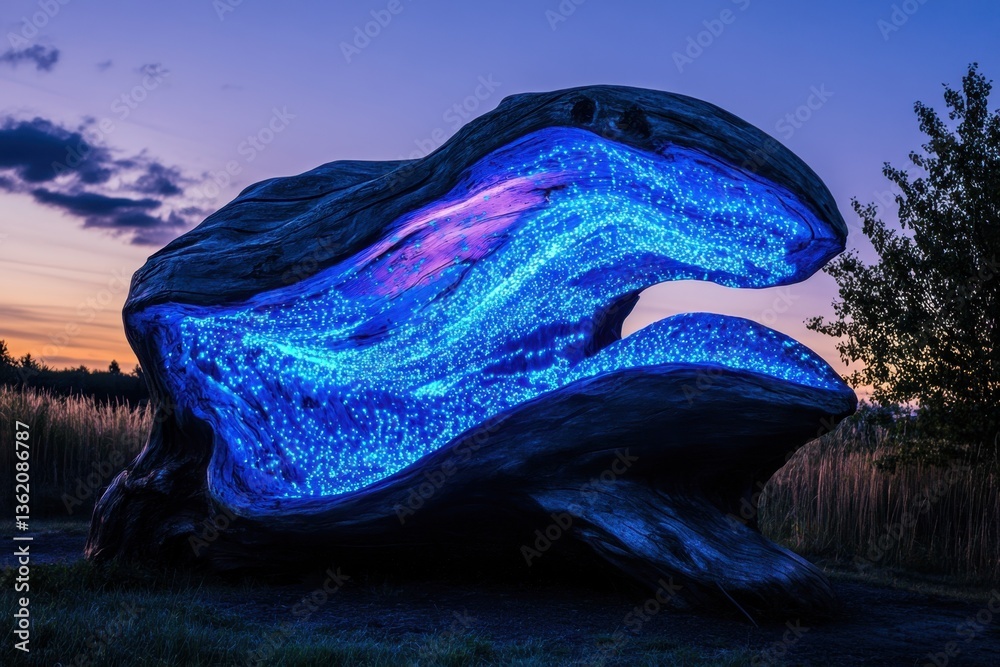 Obraz premium Unique glowing sculpture resembling a shell illuminates a serene landscape at dusk