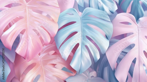 Playful seamless pattern featuring pastel colored tropical leaves