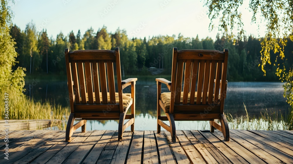 Obraz premium Serene Lakeside View Two Wooden Chairs Peaceful Summer Nature