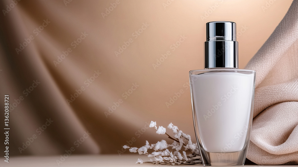 Naklejka premium Elegant perfume bottle with white flowers on soft background